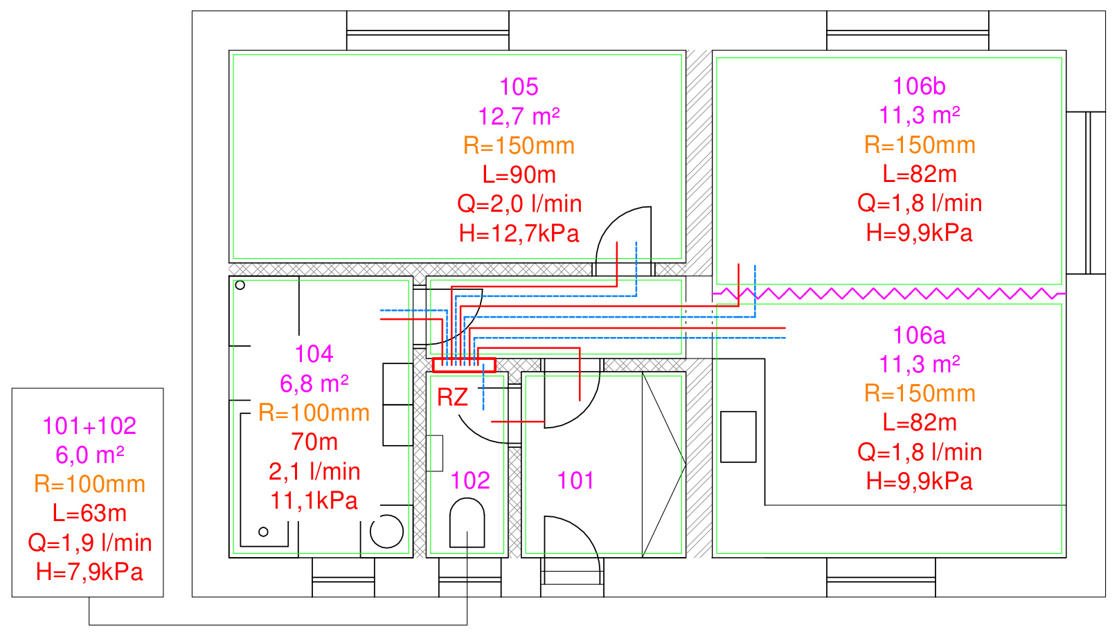 Pôdorys objektu s optimalizovanými dĺžkami vykurovacích okruhov